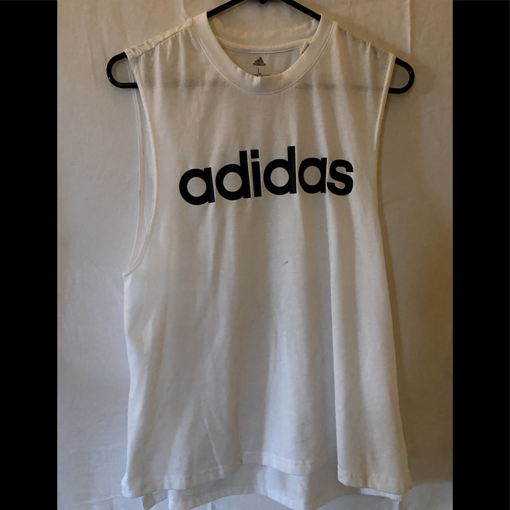 Adidas white wide shoulder tank top, long cut L.